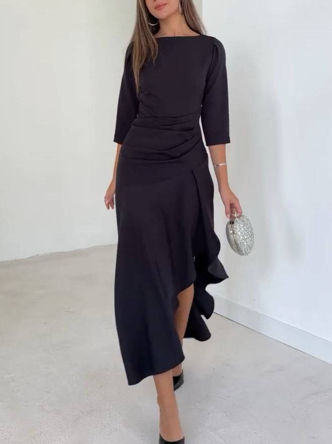 Pleated Design Irregular Hem Maxi Dress