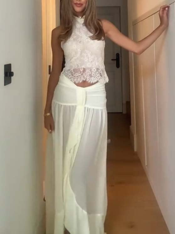 Halter Neck Lace Top And Slit Skirt Suit-Top
