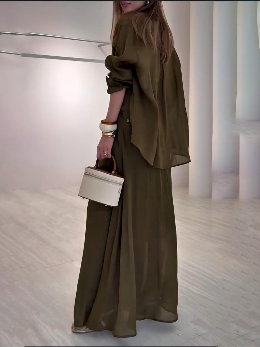Casual Retro-Tone Tie-Waist High-Slit Maxi Skirt