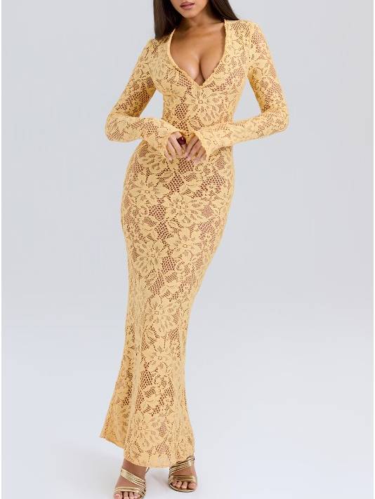 V-Neck Lace Long Sleeve Maxi Dress