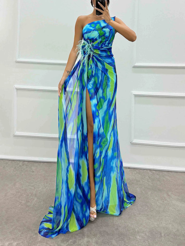 Elegant Painted Floral Print Feather Rose Maxi Dress