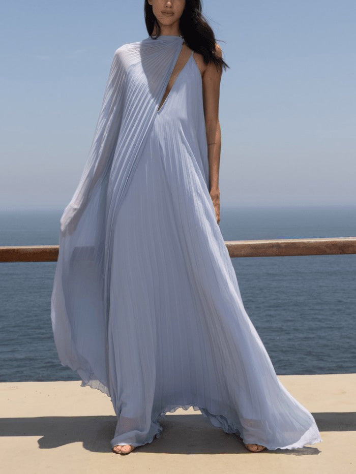 Elegant V-neck Pleated Flowy Maxi Dress