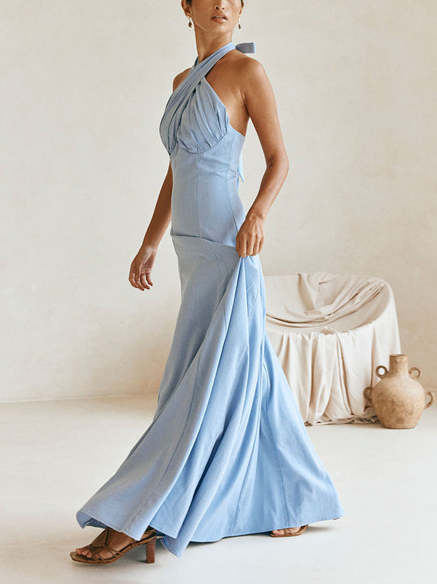Elegant Crossover Halter Neck Pleated Maxi Dress