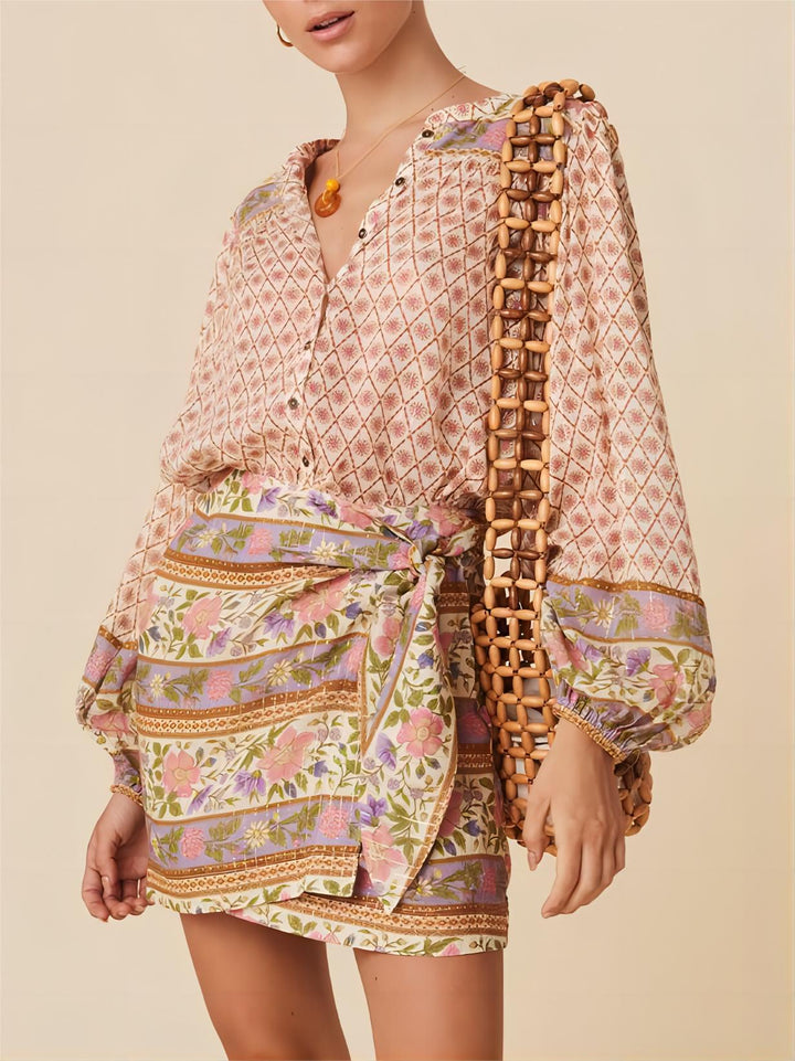 Unique Bohemian Printed Loose Shirt And Tie Skirt Set