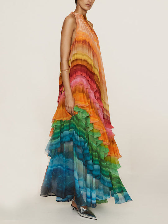 Unique Colorful Print Ruffle Maxi Dress