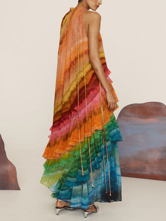 Unique Colorful Print Ruffle Maxi Dress