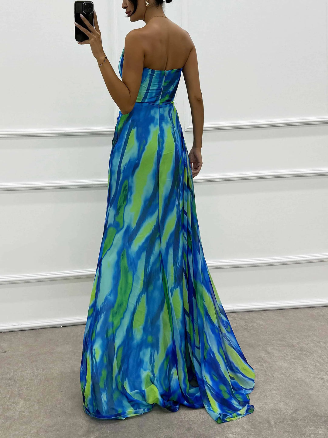 Elegant Painted Floral Print Feather Rose Maxi Dress