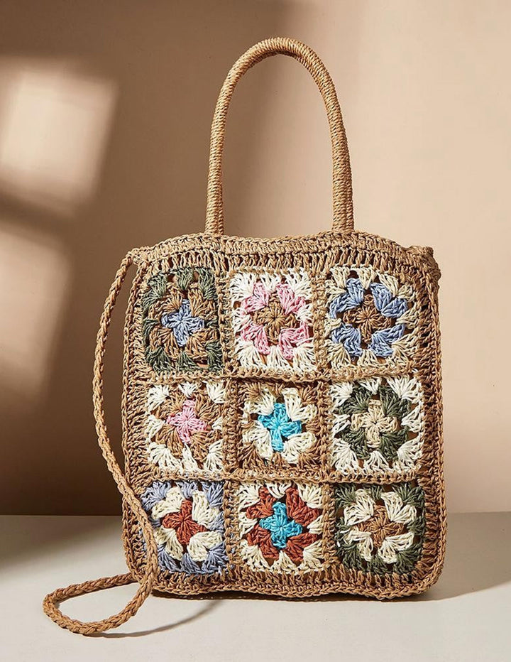 Sac en paille tissé à fleurs colorées