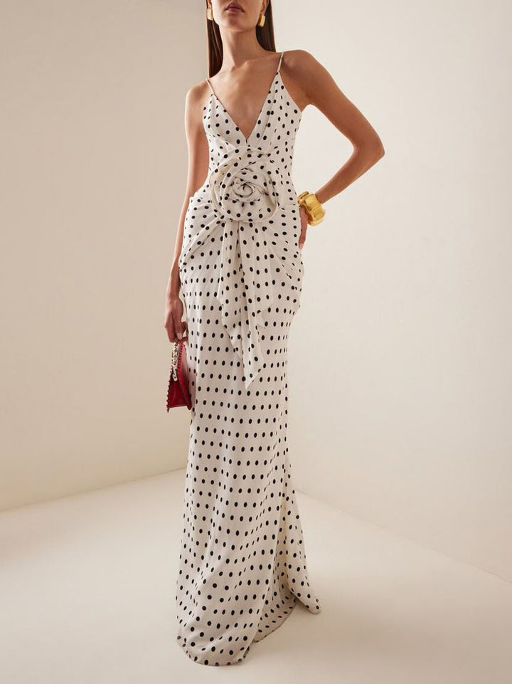 Retro Elegant French Polka Dot V-Neck Maxi Dress