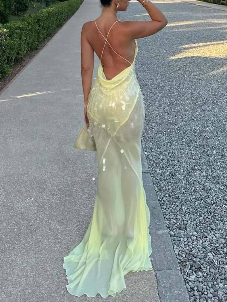 V-neck Backless Sequined Fishtail Maxi Dress