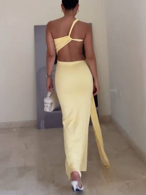 Unique Asymmetric Design Waist Hollow Backless Maxi Dress