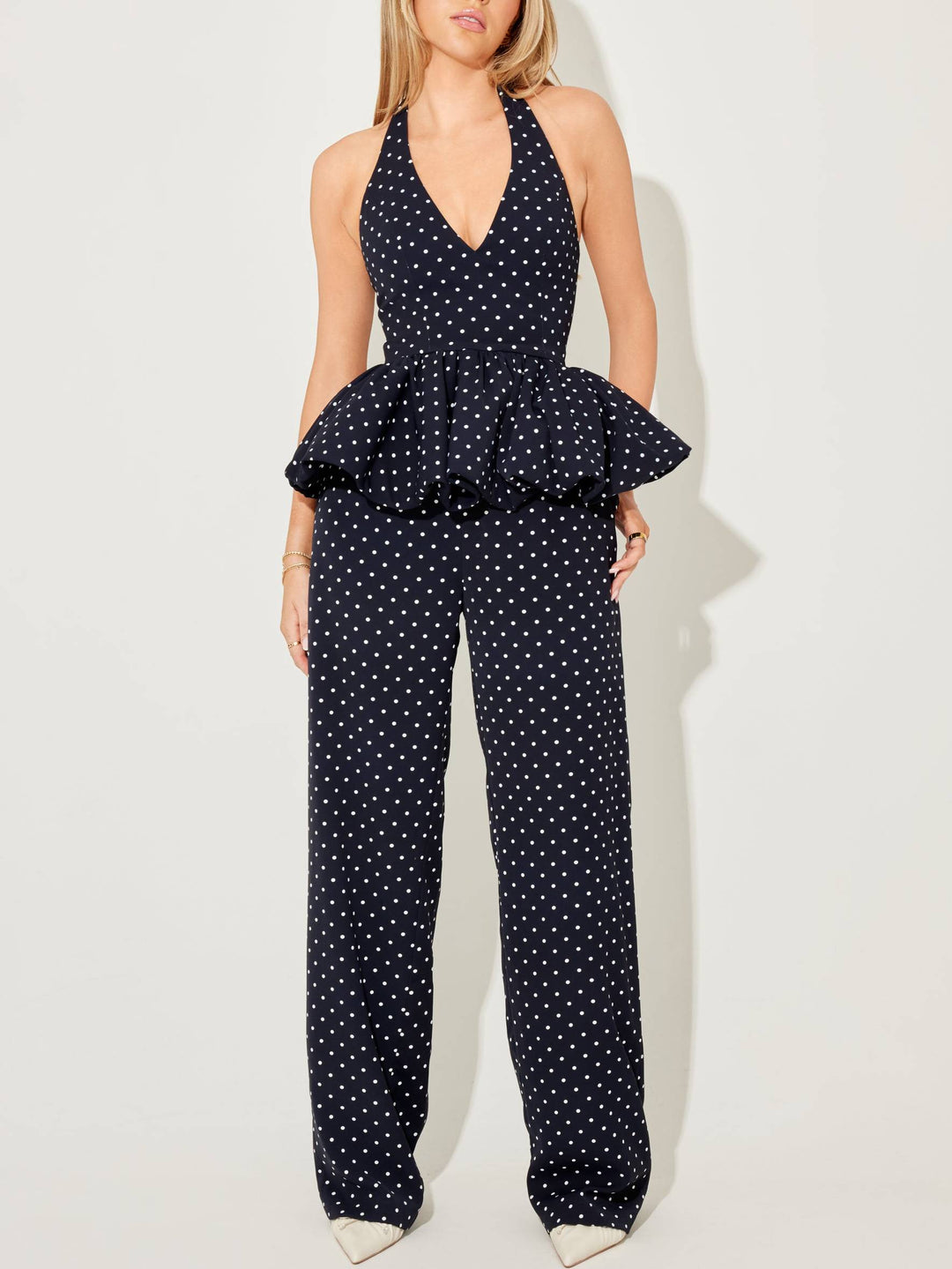Vintage Polka Dot Halterneck Lace-up Top And Wide Leg Pants Suit-Top