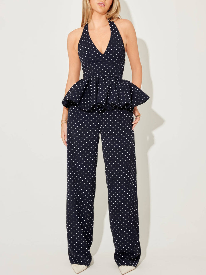 Vintage Polka Dot Halterneck Lace-up Top And Wide Leg Pants Suit-Top