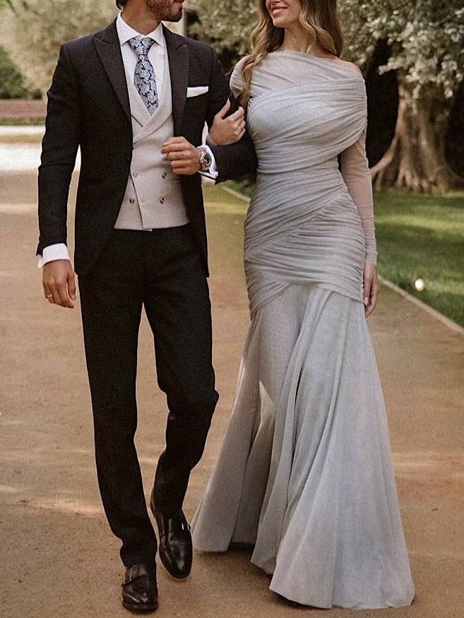 Cross Pleated Design Long Sleeve Maxi Dress