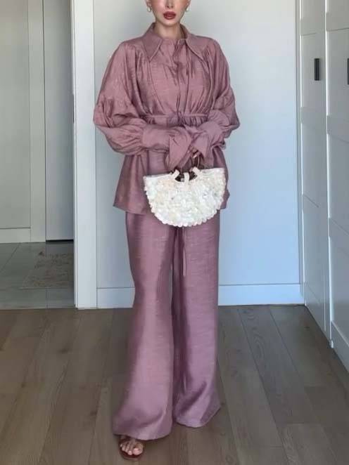 Loose Belt Shirt And Wide Leg Pants Suit-Pants