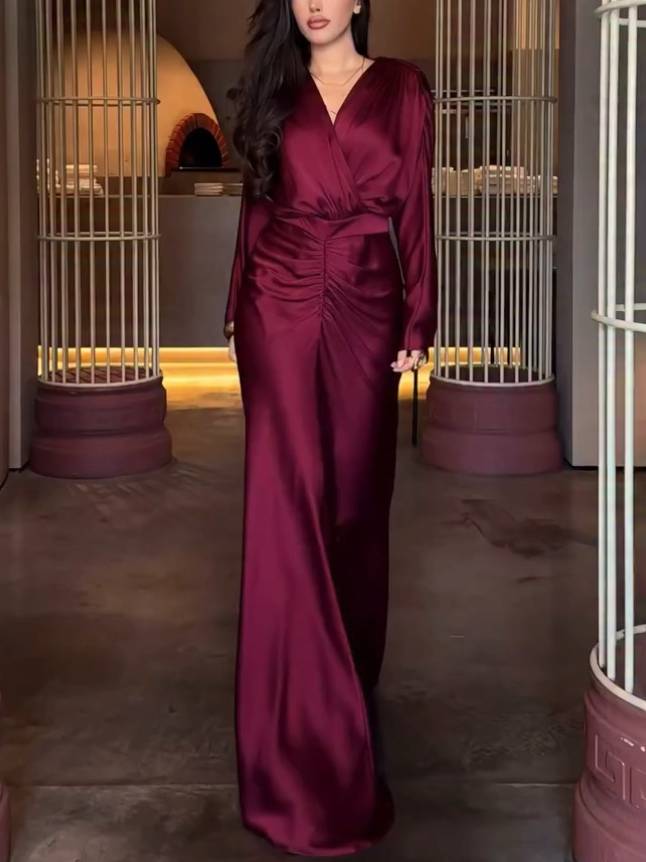 V-Neck Pleated Long Sleeve Maxi Dress