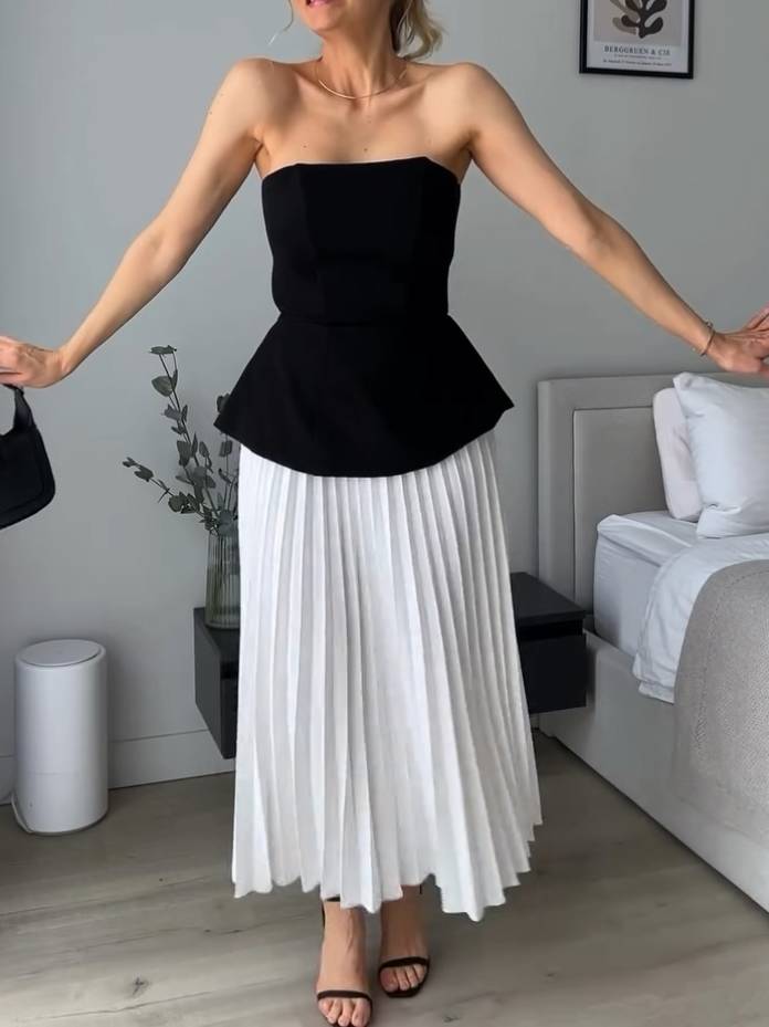 Tie-strap Tube Top And Pleated Skirt Set - Skirt