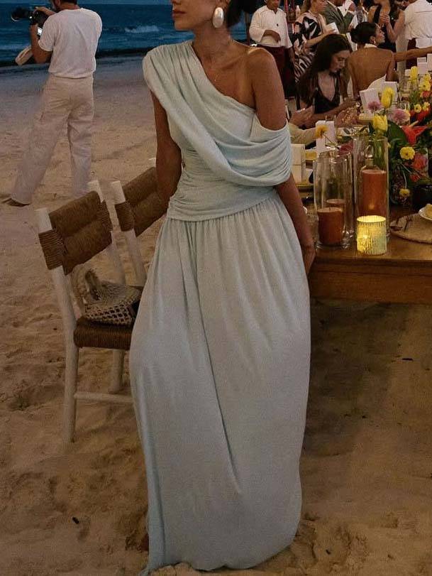 Off-shoulder Pleated Slim-fit Maxi Dress