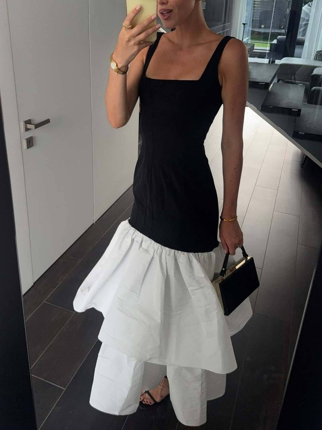 Color Contrast Square Collar Sling Double-Layer Ruffled Maxi Dress