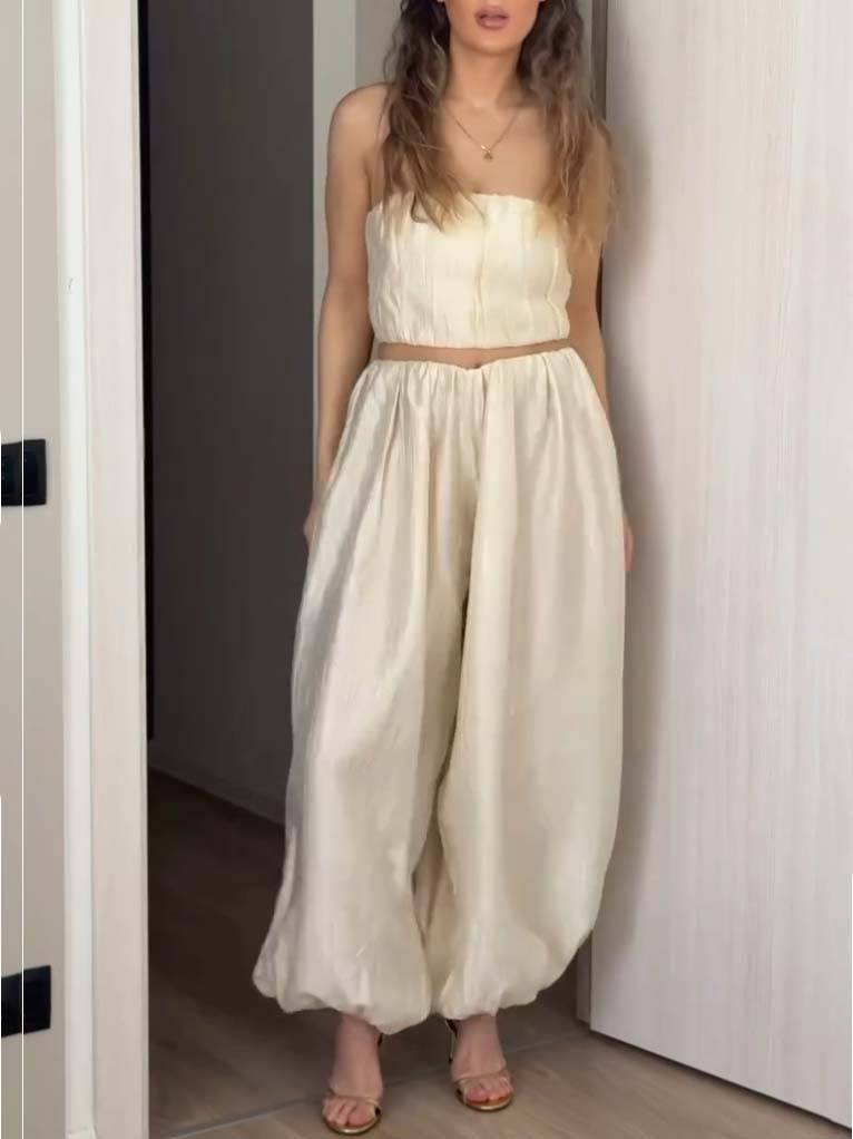 Minimalist Tube Top Wide Leg Pants And Long Shirt Suit-Long Shirt