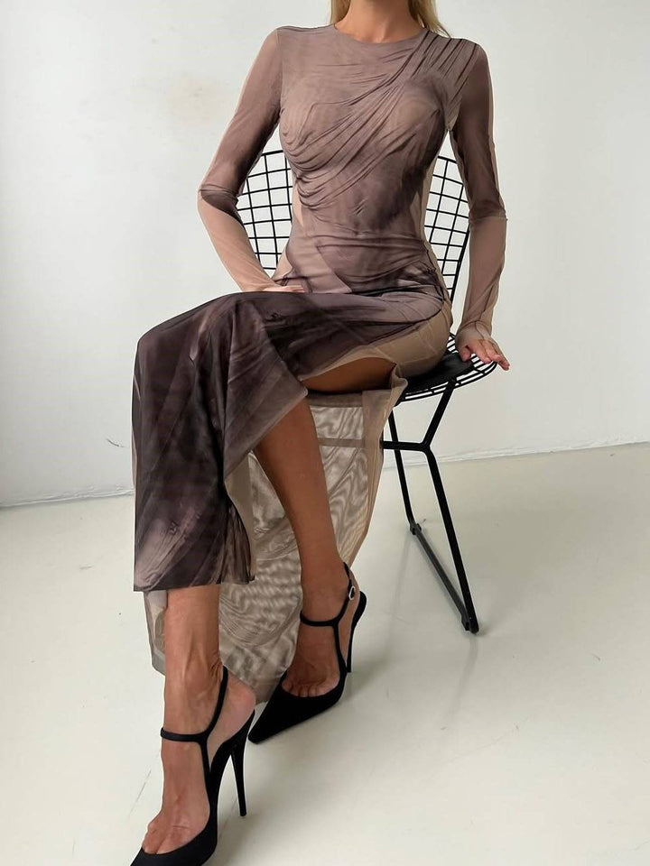 Printed Side Slit Long-Sleeved Maxi Dress