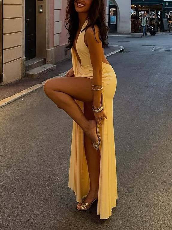Sexy Deep V-neck Backless Side Slit Maxi Dress