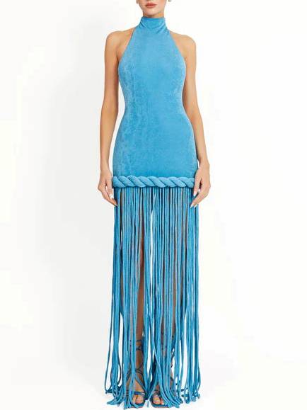 Halter Neck Backless Tassel Design Maxi Dress