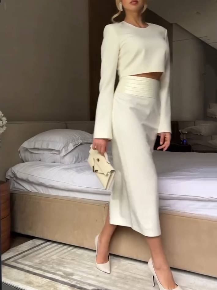Minimalist Slim Fit Long Sleeve Shirt And Skirt Suit-Top