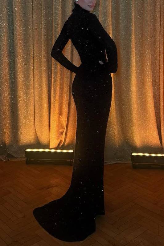 High-neck Shiny Slim-fit Maxi Dress