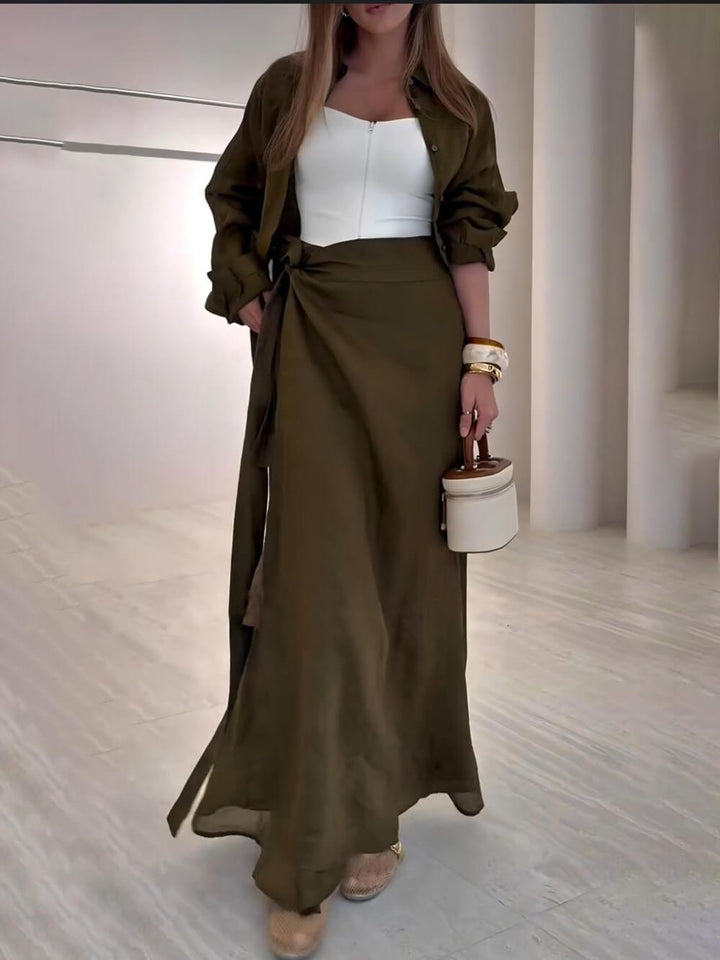 Casual Retro-Tone Tie-Waist High-Slit Maxi Skirt