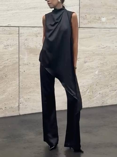 Pleated Design Irregular Hem Shirt And Wide Leg Pants Suit