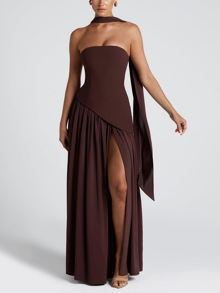 Elegant Wrap-Pleated High Slit Maxi Dress