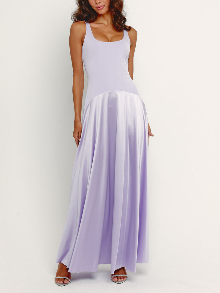Elegant Drop-Waist Fluffy Satin Maxi Dress