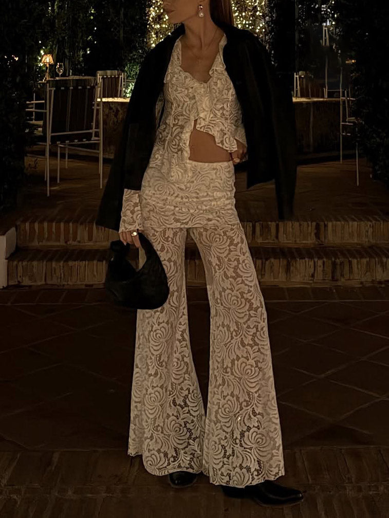 Lace Flare Sleeve Ruffled Crop Shirt