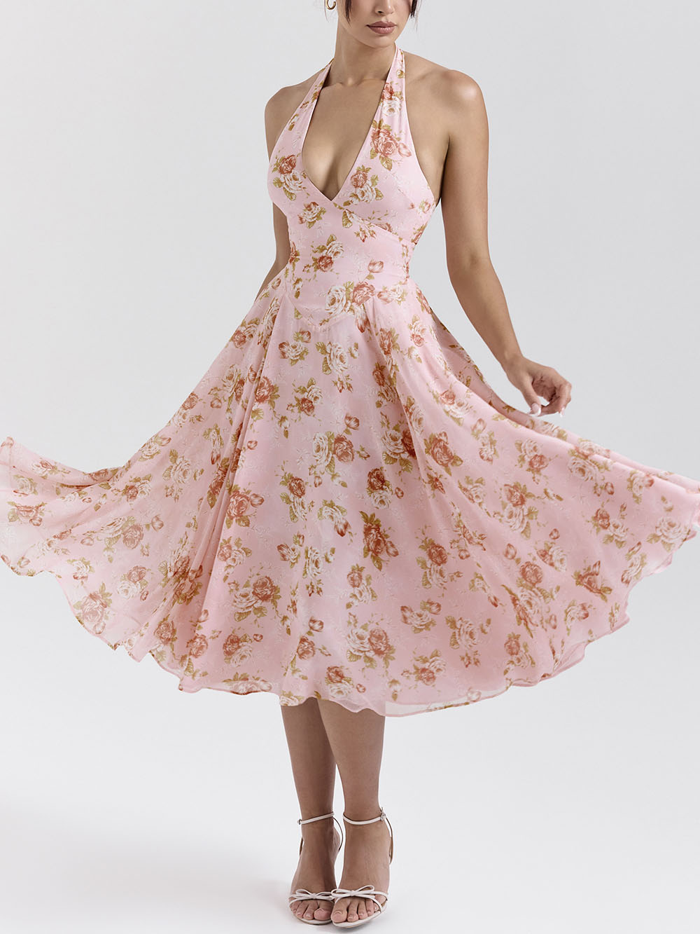 Robe midi rétro exquise à col en V et imprimé roses