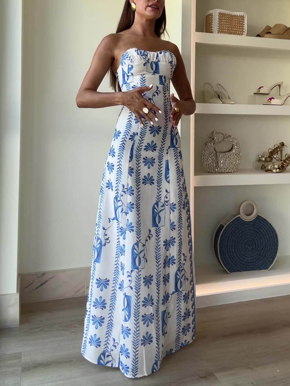 Elegant Floral Bandeau Backless Maxi Dress