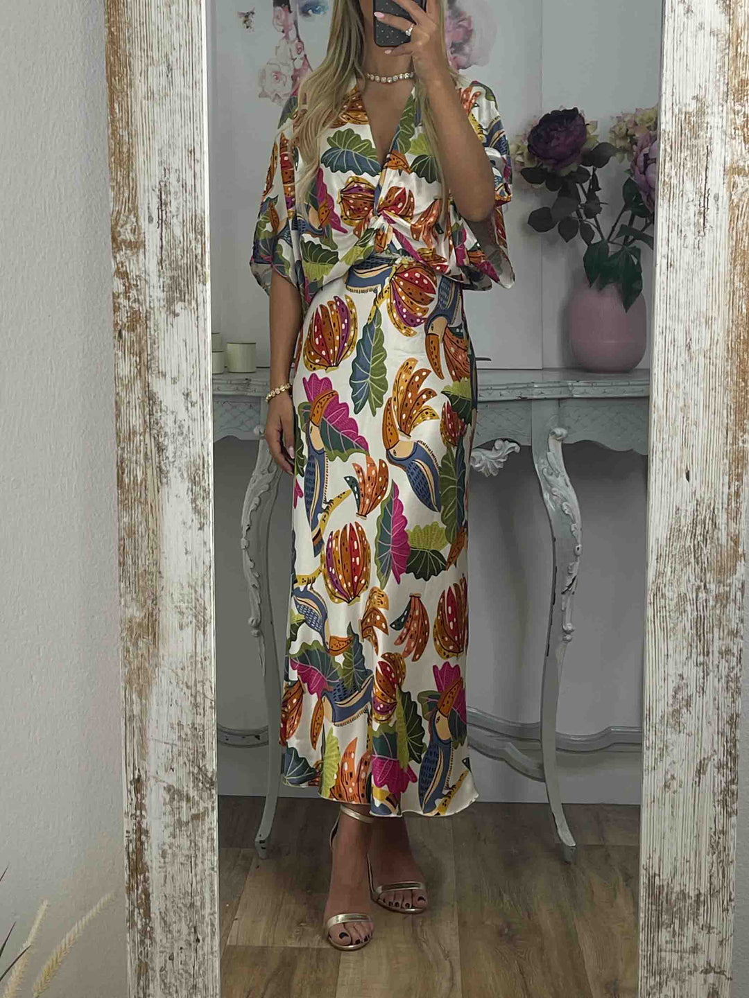 Retro Jungle Palm Leaf Satin Print Skirt