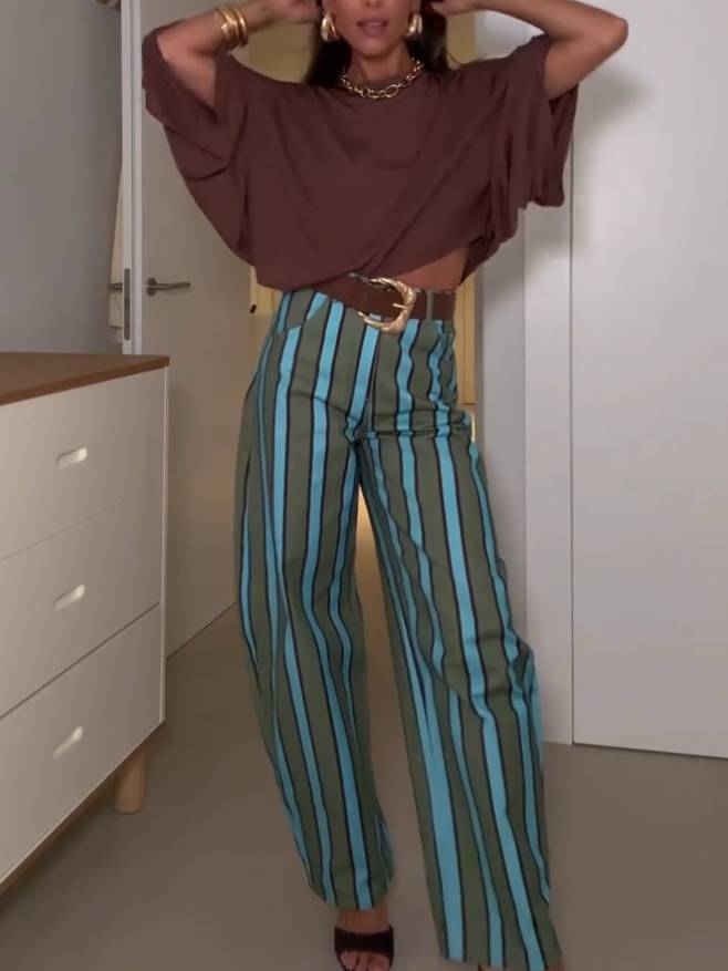 Loose T-Shirt And Striped Printed Pants Set-Top
