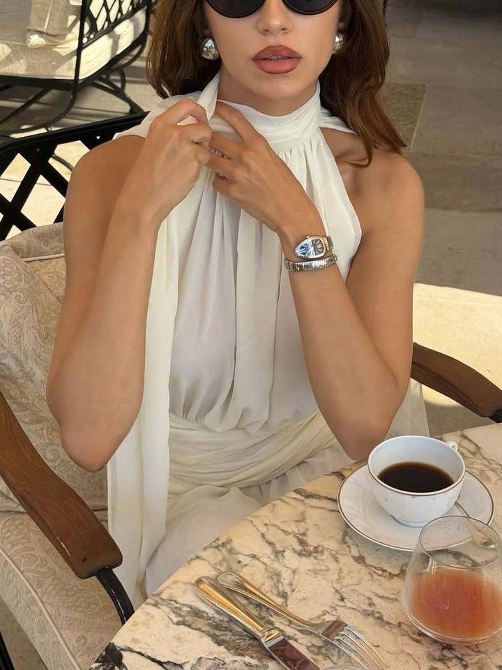 Romantic Scarf Waist Pleated Split Maxi Dress