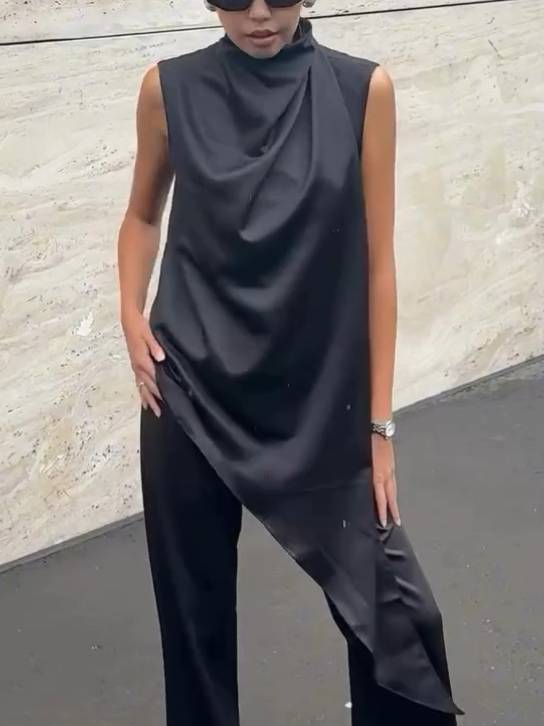 Pleated Design Irregular Hem Shirt And Wide Leg Pants Suit