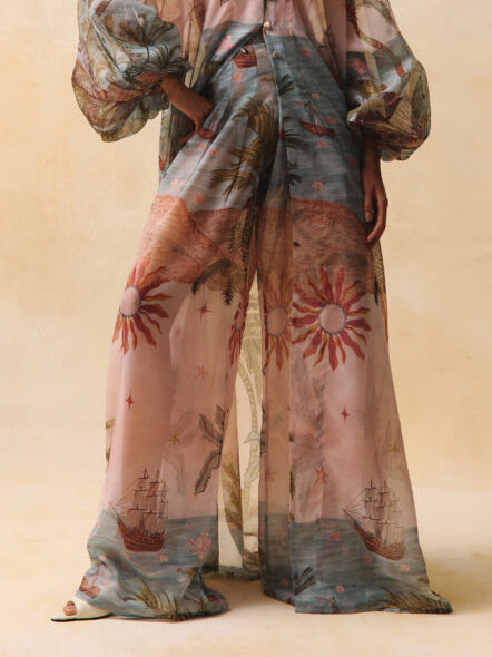 Retro Tropical Boat Print Tulle Two-Piece Set