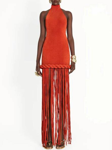 Halter Neck Backless Tassel Design Maxi Dress