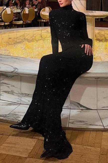 High-neck Shiny Slim-fit Maxi Dress