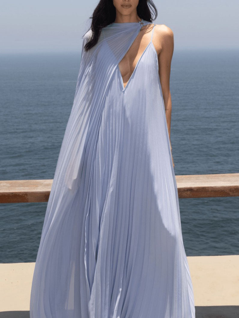 Elegant V-neck Pleated Flowy Maxi Dress