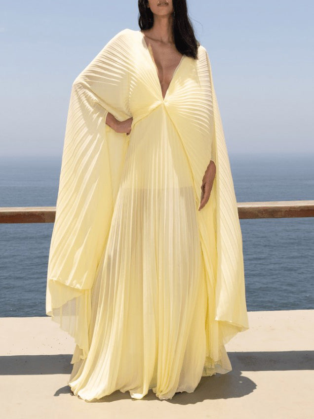 Elegant V-neck Pleated Flowy Maxi Dress