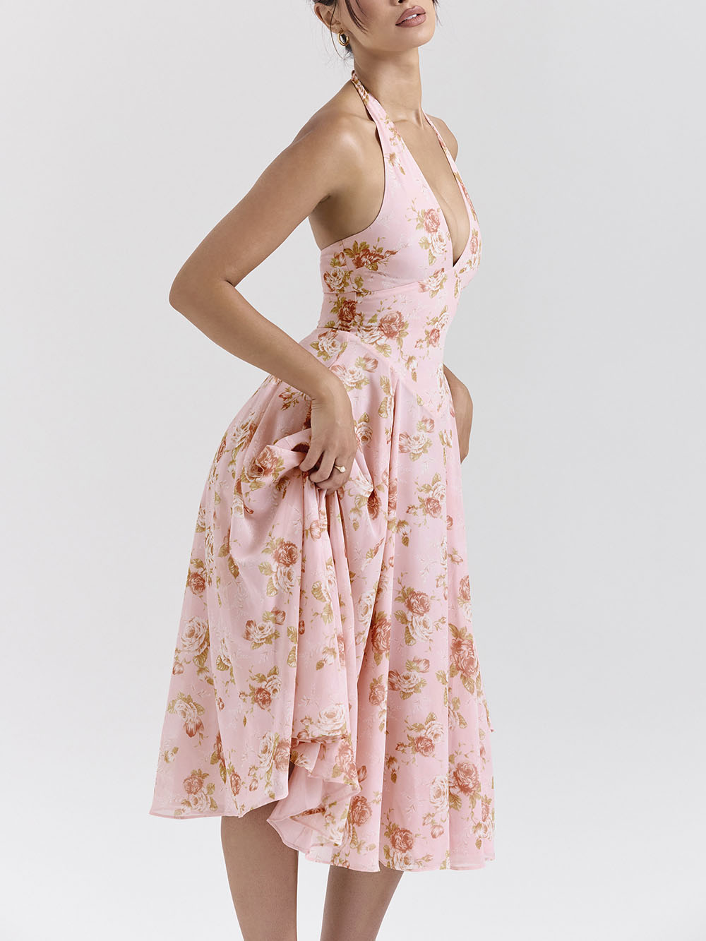 Robe midi rétro exquise à col en V et imprimé roses