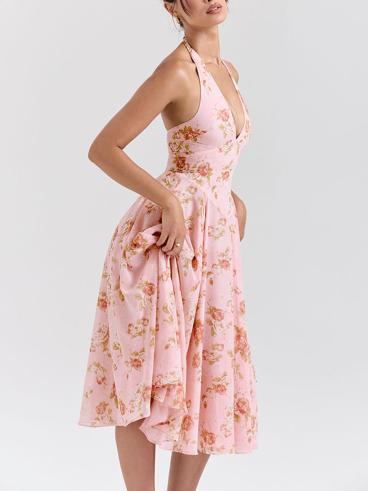 Udsøgt retro V-hals Rose Print Midi-kjole