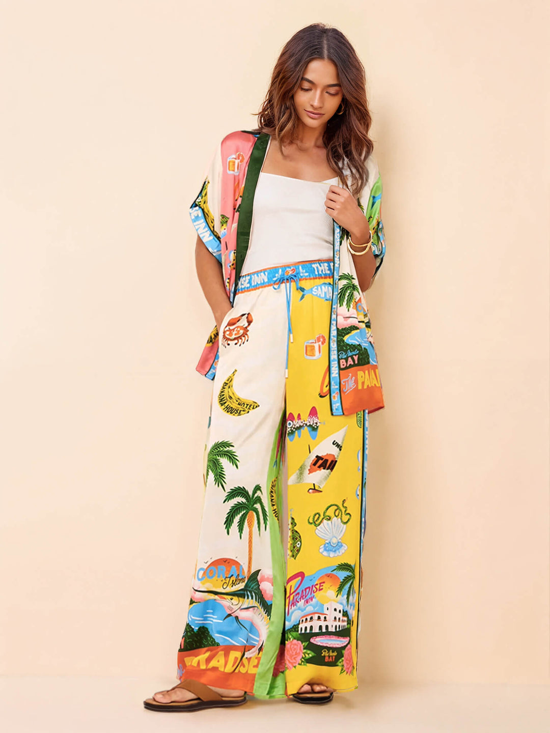 Sunny Beach Summer Style Printed Two Piece Set - Pants