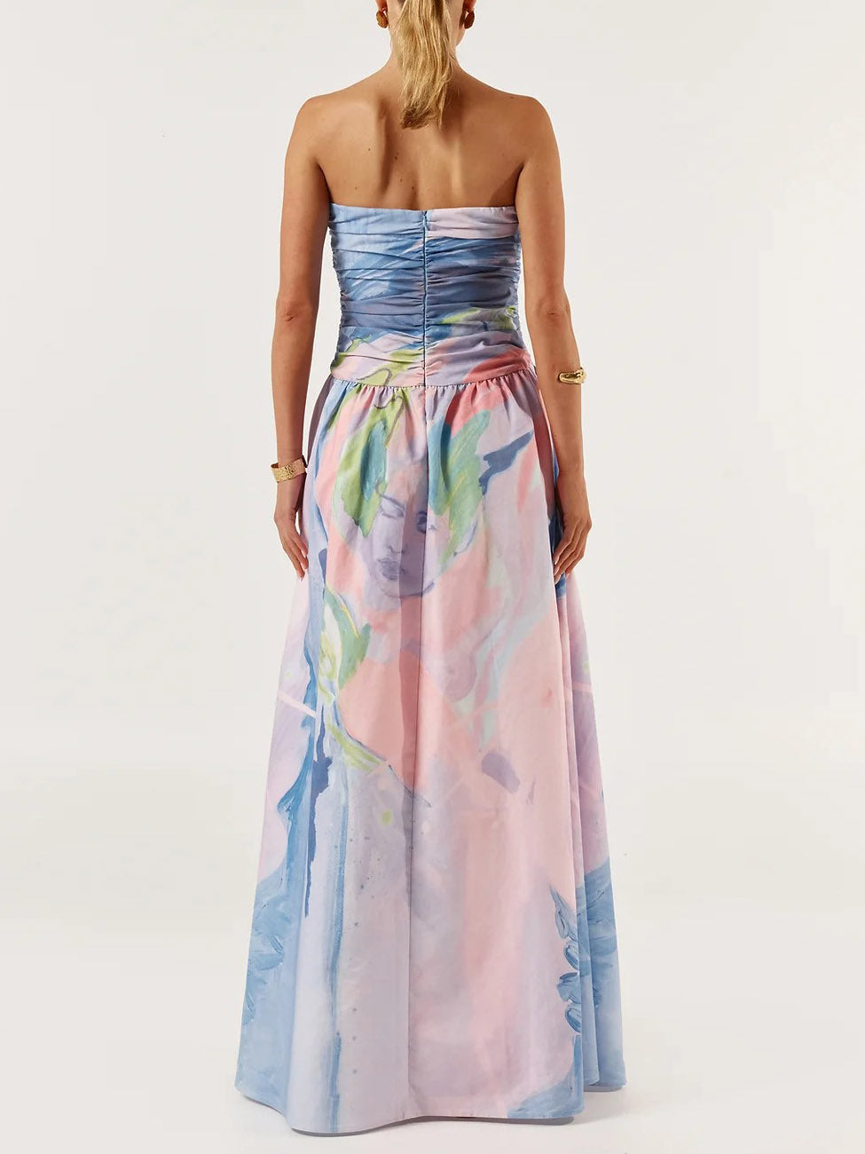 Elegant Oil Painting Printed Off Shoulder Bustier Gown Maxi Dress