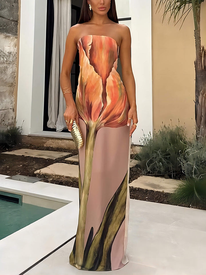 Stijlvolle mouwloze off-shoulder maxi-jurk met graffitiprint